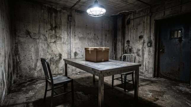 Dim interrogation room with concrete walls metal table and mysterious cardboard box.