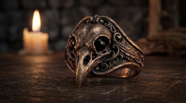 Intricate gothic raven skull ring with black gemstone, illuminated by candlelight.