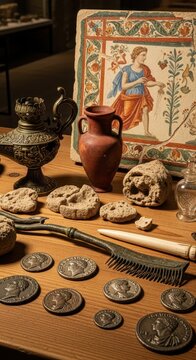 Ancient Artifacts and Pottery on Wooden Table Display.