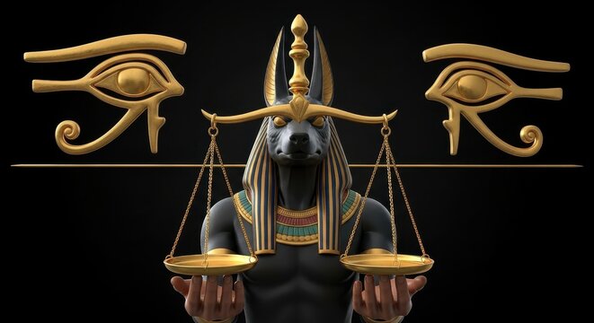 Ancient Egyptian Goddess Maat with Scales and Eye Symbols.