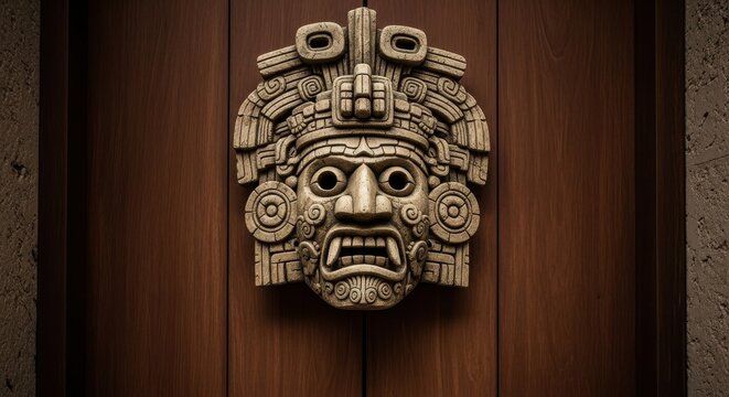 Ancient Aztec Stone Mask Carved in Wooden Door.