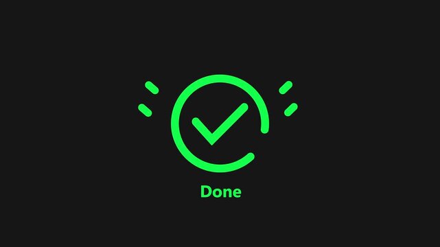 Green line checkmark animation with Done text on dark background