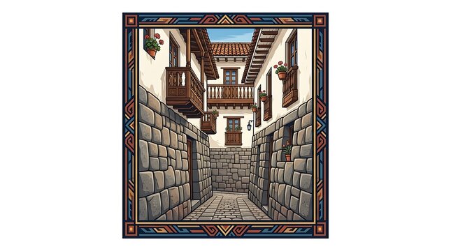 Traditional andean street with stone walls and wooden balconies