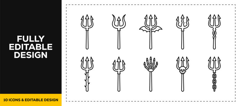 flat vector illustration line art icon bundle set design highlighting mythological tridents devil pitchforks sea king weapons and legendary fantasy armory graphics UI app