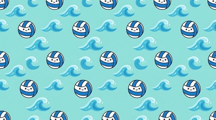 Seamless pattern with smiling volleyball characters and sea waves