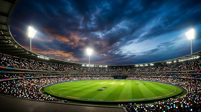 Stunning cricket stadium at night with illuminated crowd and dramatic sunset sky