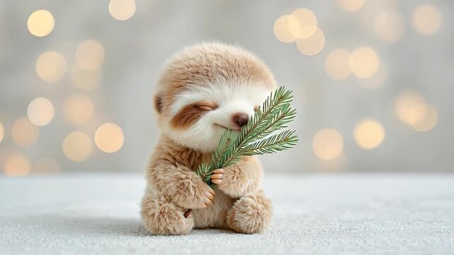 ?Cute baby sloth playing with pine branch adorable animal video