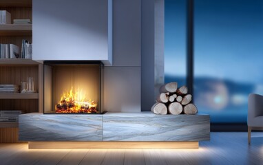 Obraz premium Modern cozy living room with elegant fireplace and stacked wood logs