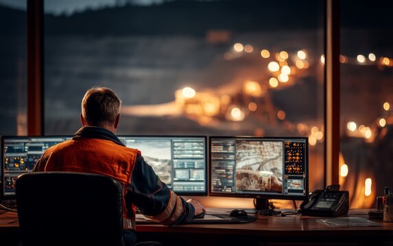 Operations Center Engineer Analyzing Rock Drill Concepts at Night