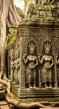 Ancient Khmer Temple Stone Carvings with Tree Roots.