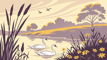 Serene lake scene with swans and wildflowers landscape wildlife peaceful © Ani