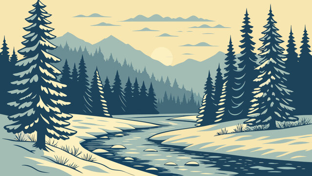 Illustration of a snowy forest with a stream running through it, x unit