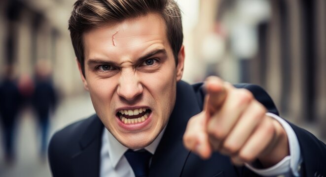 Angry business man pointing finger in city street.