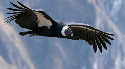 Obraz premium A condor glides through the air above mountains in South America. Its wings stretch wide as it soars, looking for food. Sunlight shines on the bird and the surrounding peaks