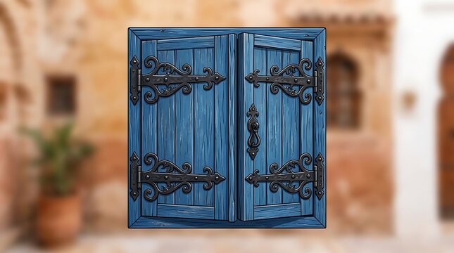 Blue rustic wooden window shutters with ornate iron hinges