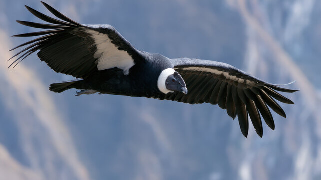 A condor glides through the air above mountains in South America. Its wings stretch wide as it soars, looking for food. Sunlight shines on the bird and the surrounding peaks