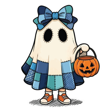 A whimsical illustration of a child wearing a cute white ghost costume accented with a blue patchwork bow and dress while holding an orange jack-o'-lantern candy bucket.