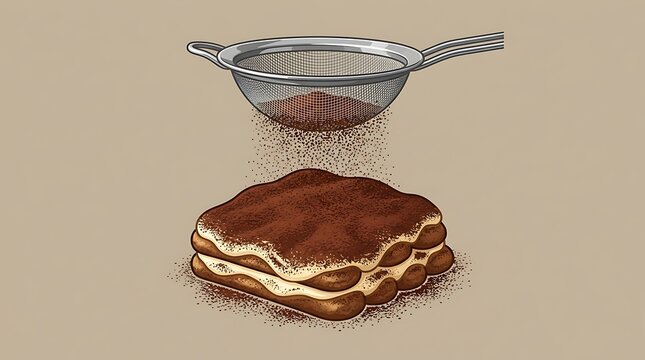 Cocoa powder sifting over layers of tiramisu cake