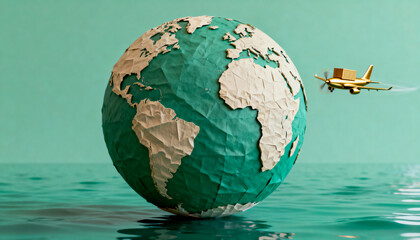 Fototapeta premium A globe in shades of green and beige floating on water