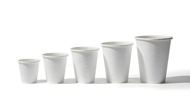 Set of empty disposable paper coffee cups in a row. Five white takeaway beverage containers for hot drinks and cold beverages.