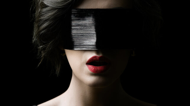 A woman stands with black tape covering her eyes. Her red lips are visible. The setting is dark, enhancing the focus on her features and expression