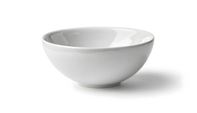 Empty white ceramic bowl for serving food. Minimalist kitchenware dish with smooth curved edges and glossy finish.