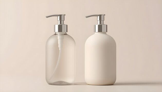 Empty pump dispenser bottles for skincare or lotion packaging design. Minimalist cosmetic containers ideal for branding and product mockups.