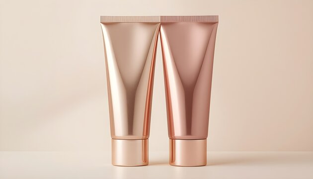 Two luxury skincare serum tubes standing upright. Premium beauty product packaging in elegant metallic rose gold and champagne tones.