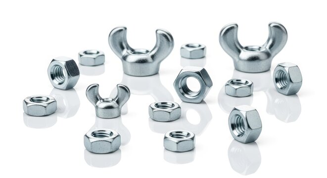 Assorted Metal Fasteners and Hardware Components on White.