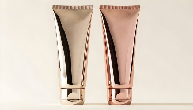 Close-up of luxury skincare product squeeze tubes on display. Elegant cosmetic packaging for beauty and anti-aging treatments.