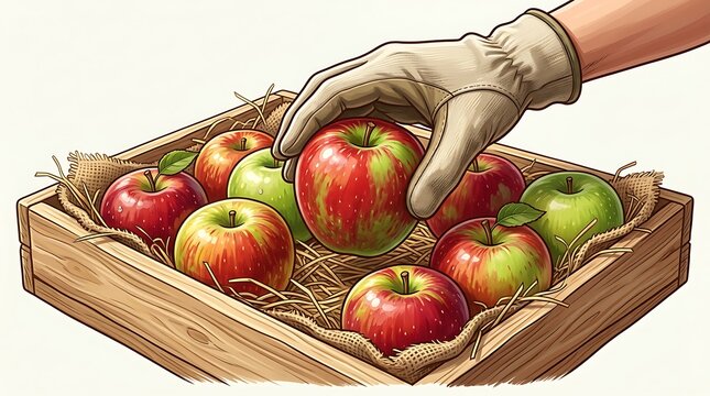 Farmer hand picking a fresh apple from a wooden harvest crate