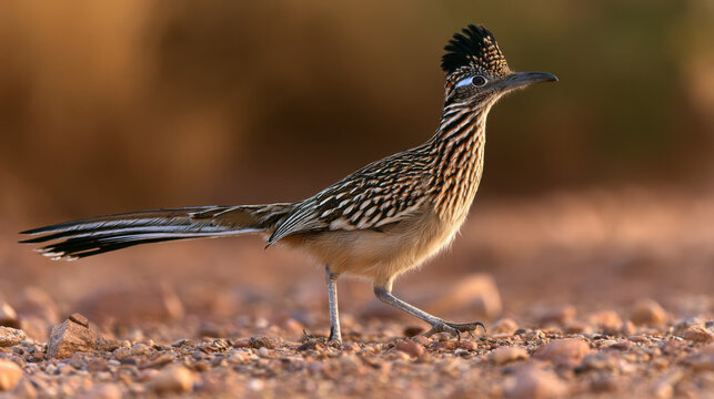 A bird walks across the rocky surface in a dry desert area. The sun is shining, and the bird is in search of food. Nearby plants are also visible in the background