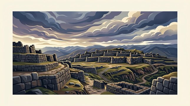 Ancient stone ruins on a terraced mountain under a dramatic sky