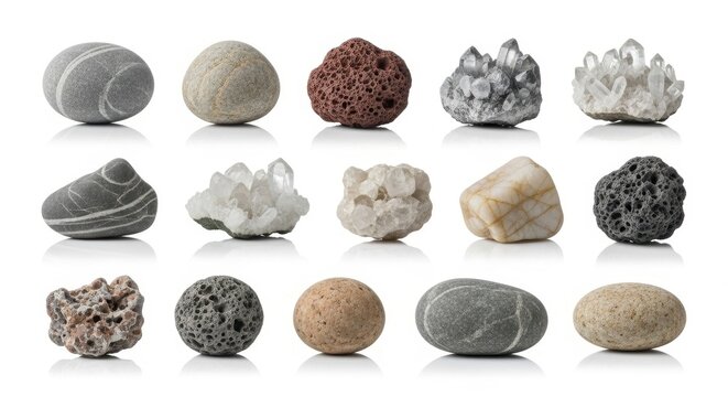 Assorted Textured Rocks and Minerals on White Background.