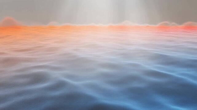 Panoramic low-angle undulating surface shifting from cool blue-gray foreground to warm peach horizon under soft diffuse light, with calm ripples, gentle sheen, layered depth