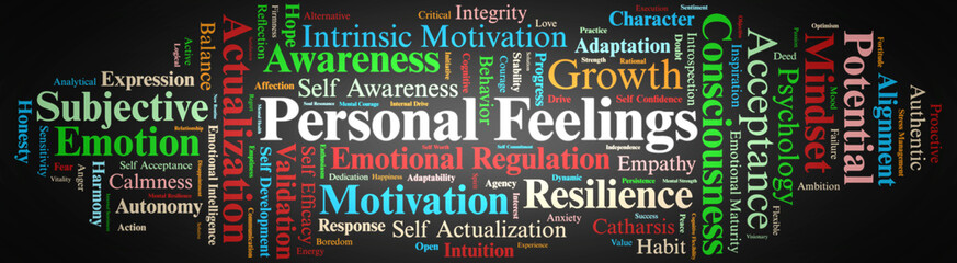 Fototapeta premium Personal Feelings Word Cloud. A Visual Representation of Subjective Emotions, Emotional Intelligence, Self Acceptance, and Internal Frameworks Influencing Motivation and Mindset Evolution.