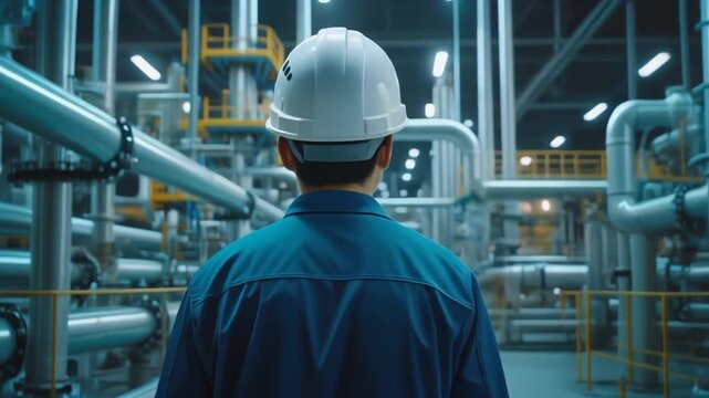 ハイテク化学プラントの中央に立つエンジニアの後ろ姿：製造業の自動化とIoT