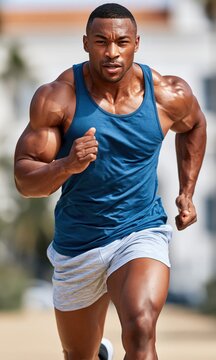 Dynamic athlete sprints forward with power and focus