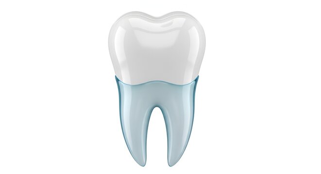 Medical illustration of a healthy human molar tooth with translucent roots isolated on white background.