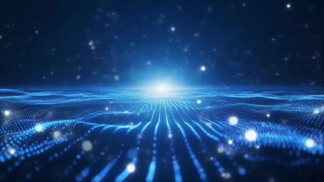 水平に流れて衝突する青いエネルギー波と白い光の粒子：サイバー空間の未来的な背景