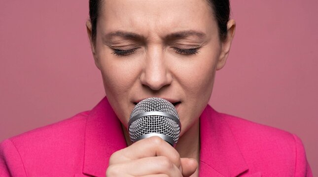 Passionate woman singing with closed eyes into microphone on pink background