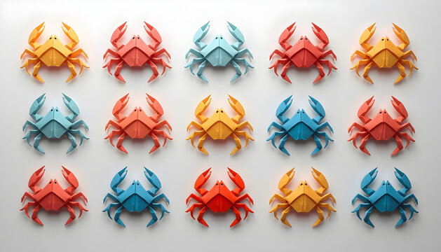 Colorful origami paper crabs isolated on white background