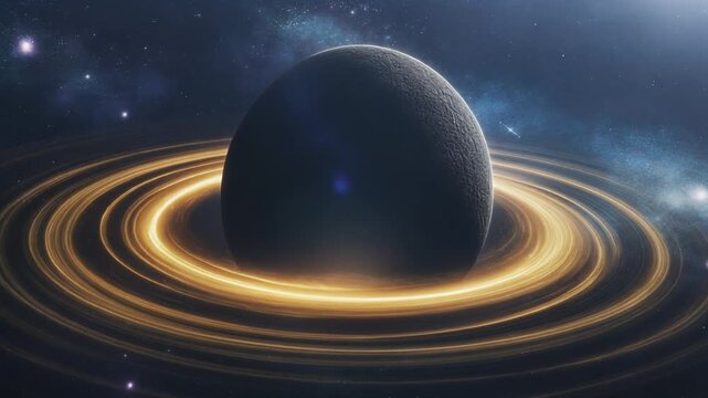 巨大なブラックホールを黄金色の降着円盤が同心円状に囲み宇宙ガスと星々の間から光が放射状に差し込む