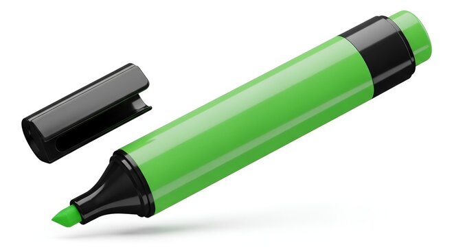 Green fluorescent highlighter marker with black cap on isolated white background.