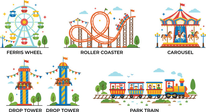 Flat Design Amusement Park Ride Icon Bundle Featuring Ferris Wheel Roller Coaster Carousel Drop Tower and Park Train Vector Graphics for Carnival Festival Infographics