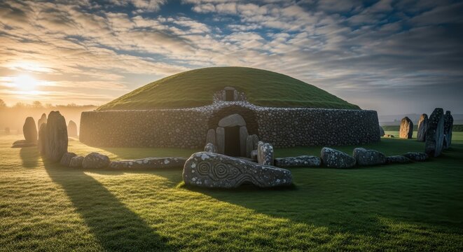 Ancient Burial Mound at Sunrise with Standing Stones.
