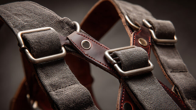 Close-up of Rugged Grey Canvas and Brown Leather Straps with Silver Metal Buckles and Stitching