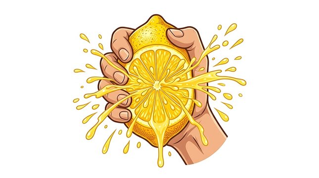 Hand squeezing a fresh lemon with juice splashing out