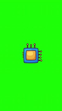 Animated CPU processor chip doodle icon, hand-drawn flat vector line art with wiggle effect, looping motion graphic for technology and computing design