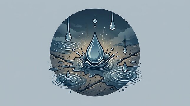 Raindrops splashing in a puddle on dry cracked earth